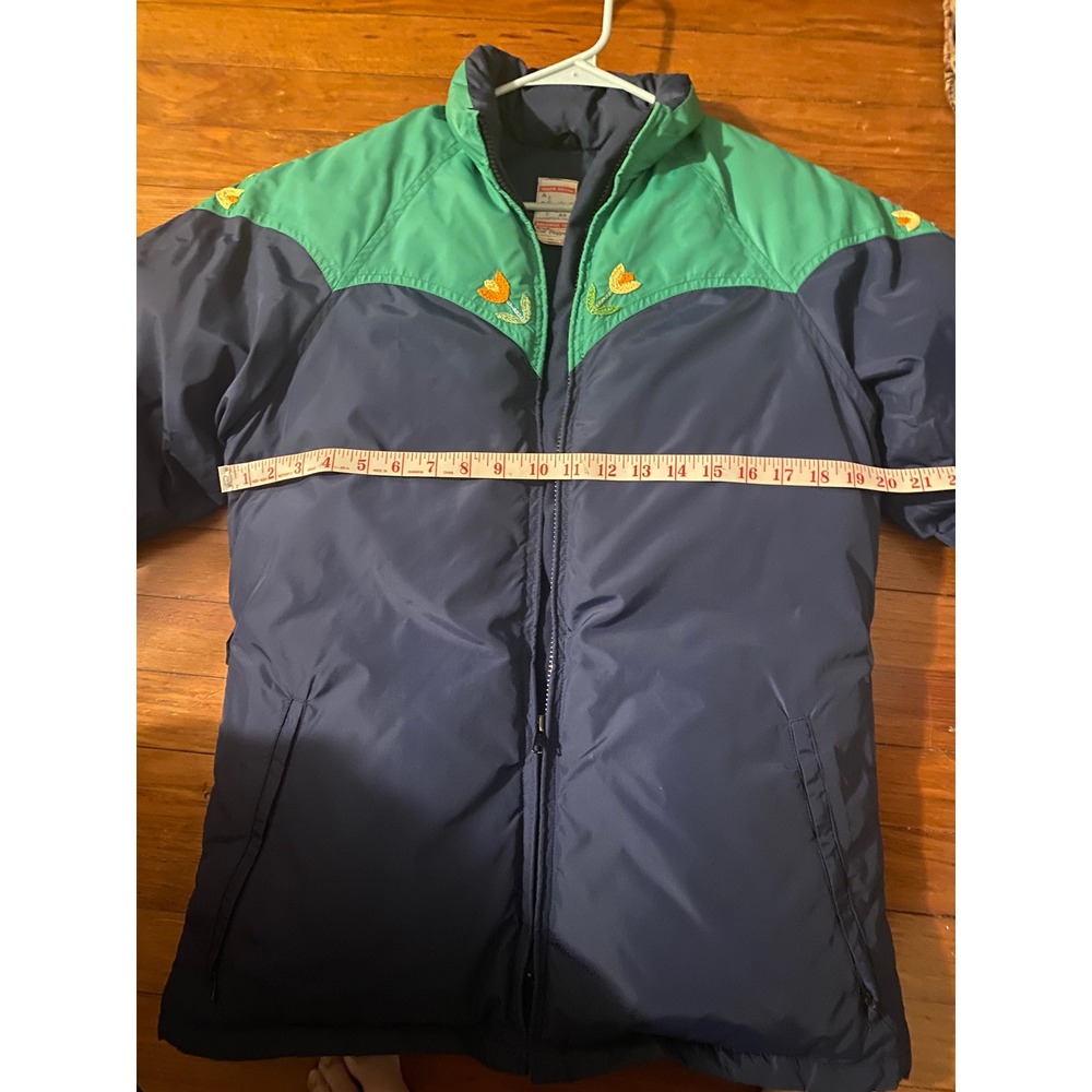 Vintage Frostline Kit Down Puffer Jacket Embroidered Floral Boho Size Small Blue - Picture 10 of 10